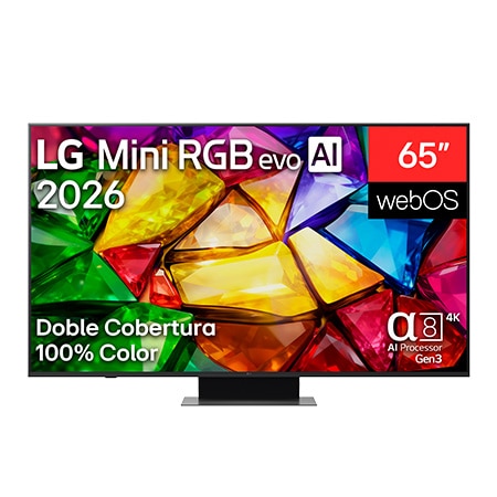 The front view of LG Mini RGB evo AI MRGB85, released in 2026, displays a crystalline image of sharply defined multicolored facets, featuring an 75-inch display, webOS, RGB Primary Color Pro, and the alpha 8 AI Processor 4K Gen3.